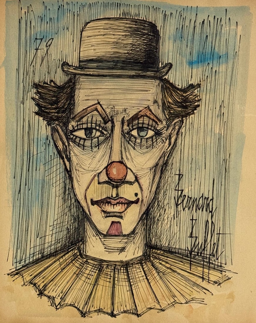Bernard Buffet, Ink and tempera on paper.: Bernard Buffet (1928-1999) Title: Untitled (Le clown), Medium: Ink and tempera on paper, Date: 1979, Size: 14" h x 11.25" w inches. This lot is accompanied by a COA (Certificate of Attribution) and is