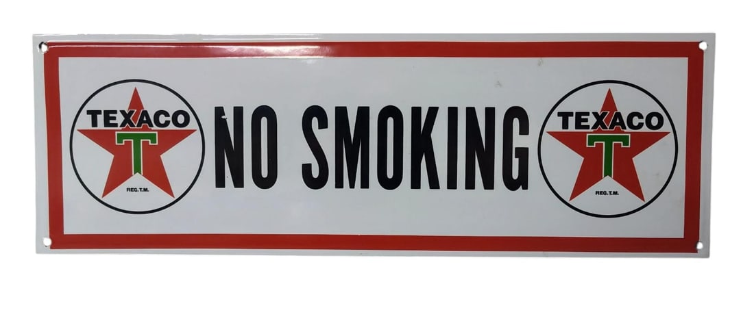 Porcelain Texaco No Smoking Advertising Sign.: Description: Porcelain Advertising. Measures approx 5 1/2 x 17 inches. Please examine photos. We are unsure of age, selling as is. Recently out of a local private collection.