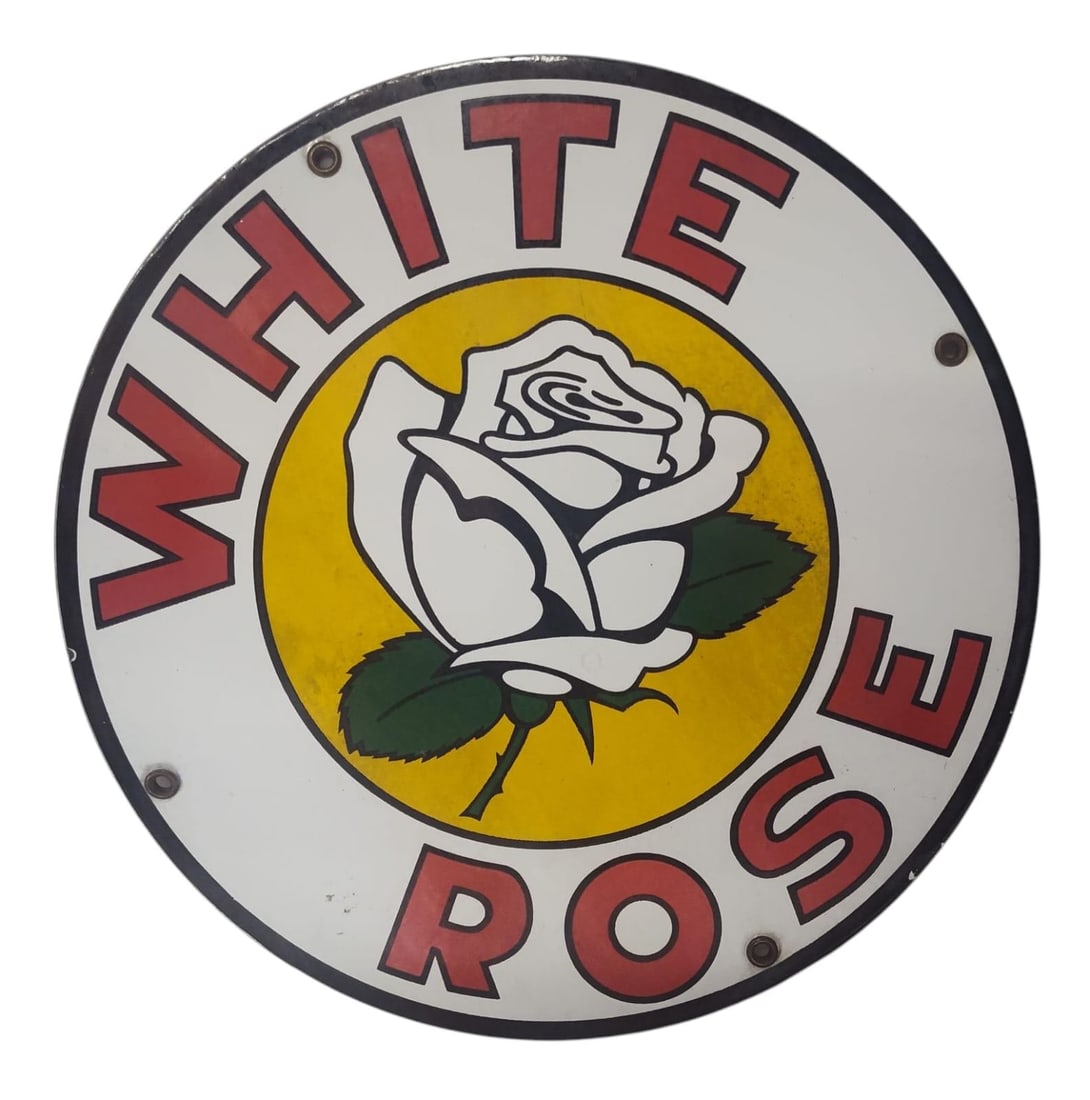 Round Porcelain White Rose Advertising Sign / Pump Plate.: Porcelain Advertising. Measures approx 11 3/4 inches in diameter. Please examine photos. We are unsure of age, selling as is. Recently out of a local private collection.