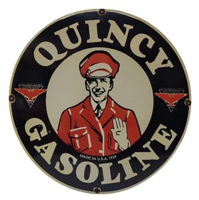 Large Round Porcelain Quincy Gasoline Advertising Sign .