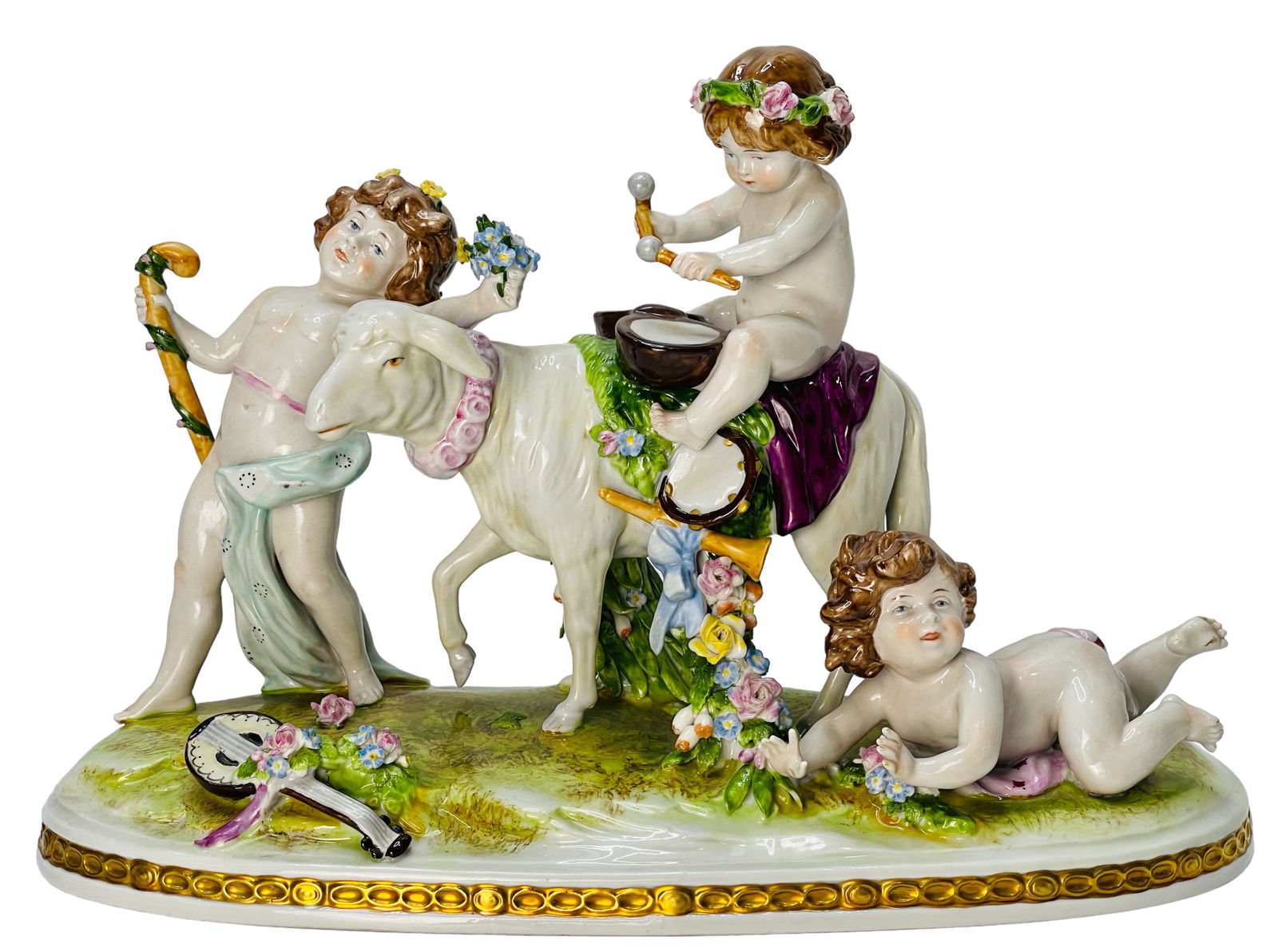Antique Large German porcelain group figure A. W. Kister, Scheibe Alsbach.: Antique a porcelain figurine by A.W. Kister, Scheibe Alsbach Porcelain Figurine, Germany Antique 1900s, depicting a group of half-naked playful putti, lounging in nature. This small group figure repre