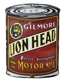 Porcelain Gilmore Lion Head Oil Can Advertising Sign.