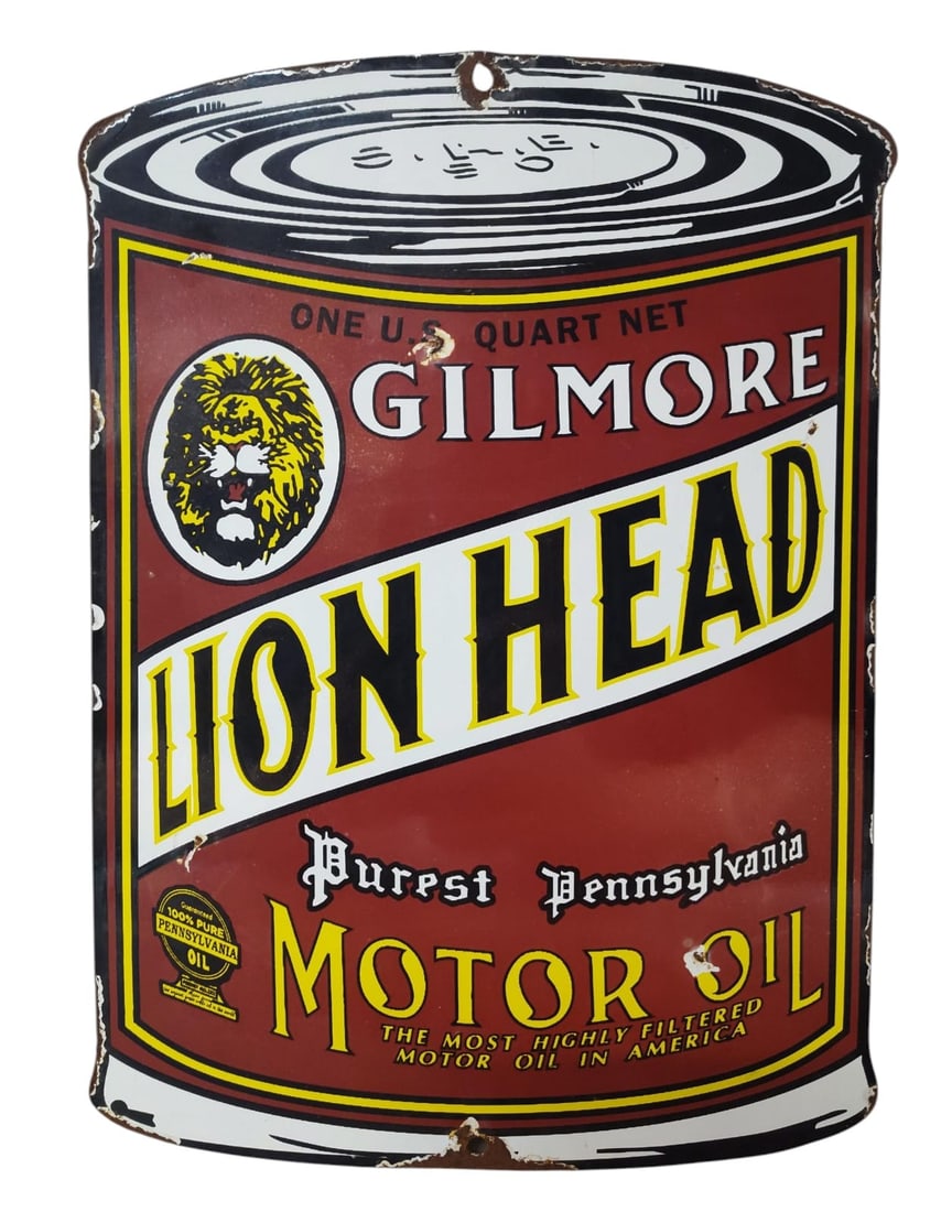 Porcelain Gilmore Lion Head Oil Can Advertising Sign. (1 of 2)