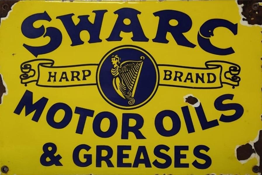 Porcelain Swarc Motor Oil & Greases Advertising Sign.: Porcelain Advertising Sign. Measures approx 12 in x 8 in. Please examine photos. We are unsure of age, selling as is. Recently out of a local private collection.