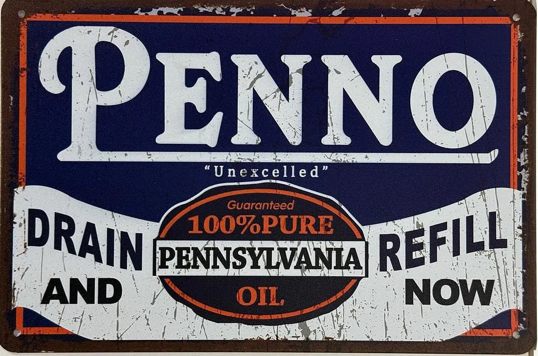 Tin Penno Oil Advertising Sign.: Tin Penno Oil Advertising Sign. Looks great in a garage or man cave. Measures 12" h x 8" w (in). Excellent condition.