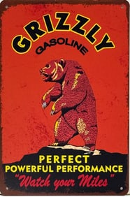 Tin Grizzly  Gasoline Advertising Sign.