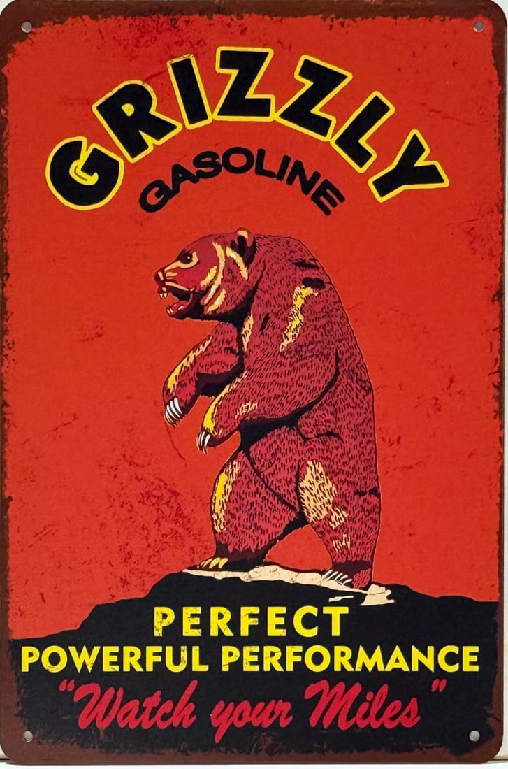 Tin Grizzly Gasoline Advertising Sign.: Tin Grizzly Gasoline Advertising Sign. Looks great in a garage or man cave. Measures 12" h x 8" w (in). Excellent condition.