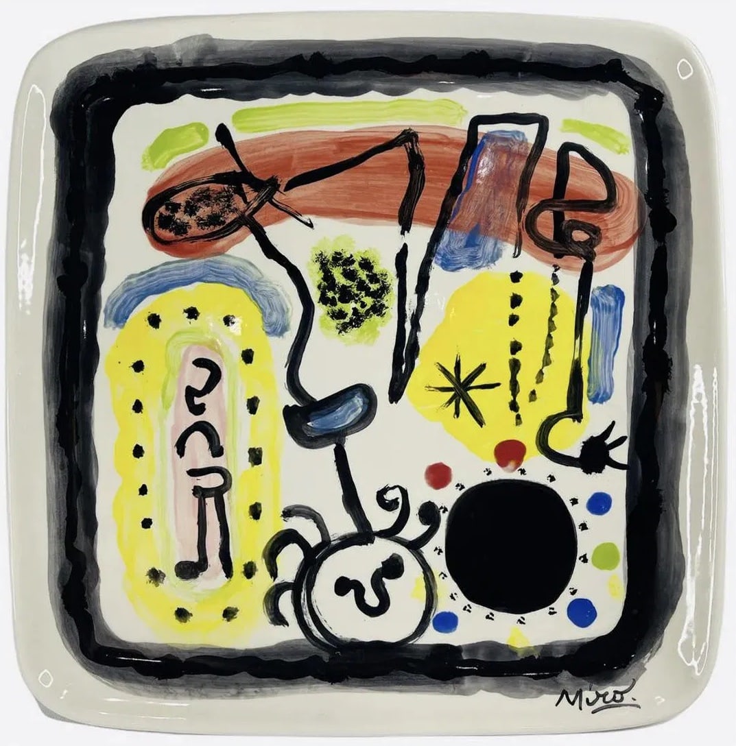 Joan Miró, Enamel ceramic plate.: Joan Miró (1893-1993) Title: Untitled (Abstract composition), Medium: Enamel ceramic plate, Size: 14.75" h x 14.75" w inches, Date: circa 1975s. This lot is accompanied by a COA (Certificate of Attri