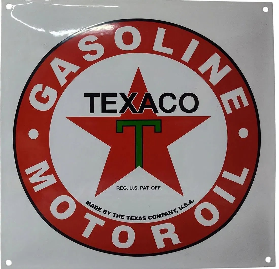 Porcelain Texaco Gasoline Motor Oil Advertising Sig.: Porcelain Advertising. Measures approx 12 x 12 inches. Please examine photos. We are unsure of age, selling as is. Recently out of a local private collection.