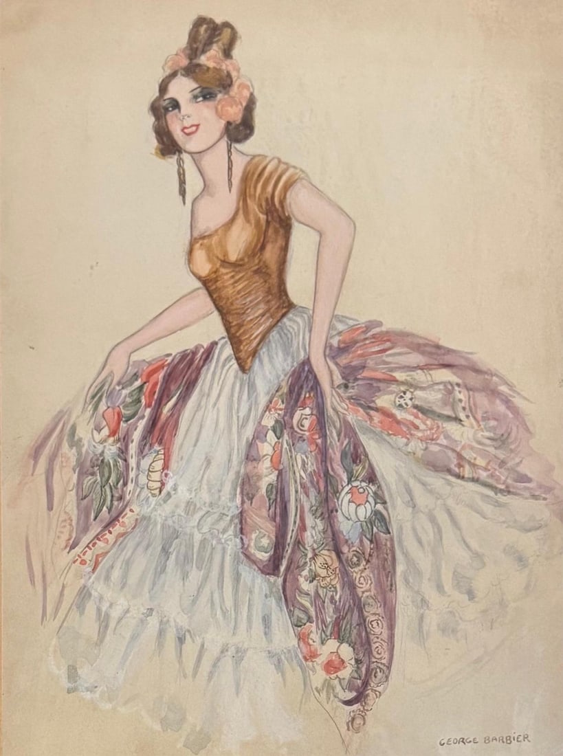 George Barbier, Watercolor, gouacge, pen and pencil on paper.: George Barbier (French, 1882–1932) Title: Untitled, Medium: Watercolor, gouacge, pen and pencil on paper, Size: 13 h x 9.5 w inches. This lot is accompanied by a COA (Certificate of Attribution) and