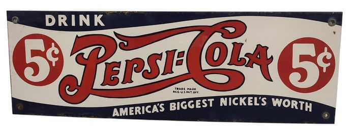 Porcelain Pepsi Cola 5 Cent Advertising Sign.