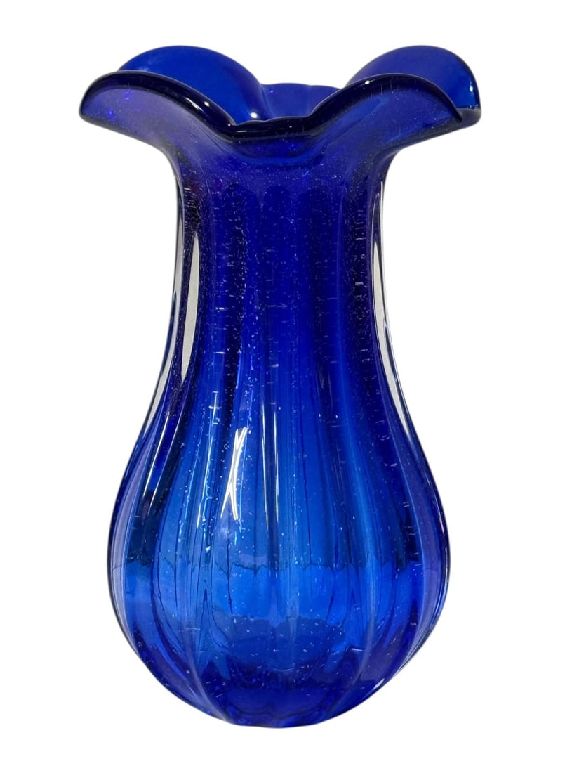 Vintage Cobalt Blue Murano Glass Vase.: Vintage hand-blown Murano glass vase in cobalt blue, featuring beautiful designs inlaid with sterling silver. Measurements: 11" h x 6" w (in). Excellent condition.