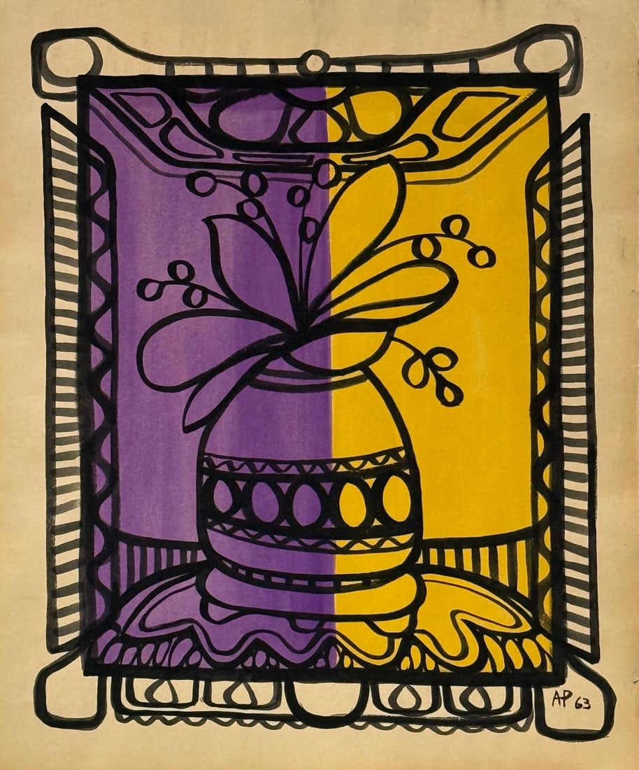 Amelia Peláez, Gouache on paper.: Amelia Peláez (1896-1968) Title: "Bucaro con Flores", Medium: Gouache on paper, Date: 1963, Size: 17" H x 14" W inches. This lot is accompanied by a COA (Certificate of Authenticity). We recommend th