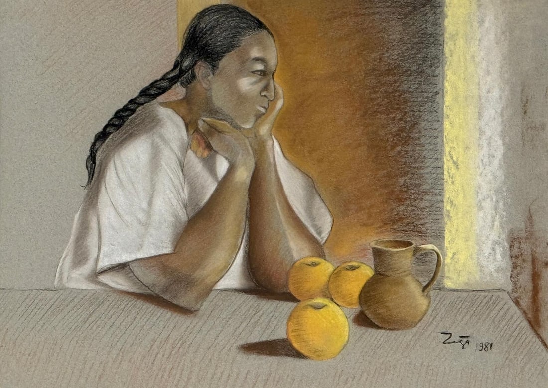 Francisco Zuñiga, Pastel on paper.: Francisco Zuñiga (1912-1998) Title: Untitled (Woman with oranges and jug), Medium: Pastel on paper, Size: 12.50" h x 17.25" w inches, Date: 1981. This lot is accompanied by a COA (Certificate of Attr