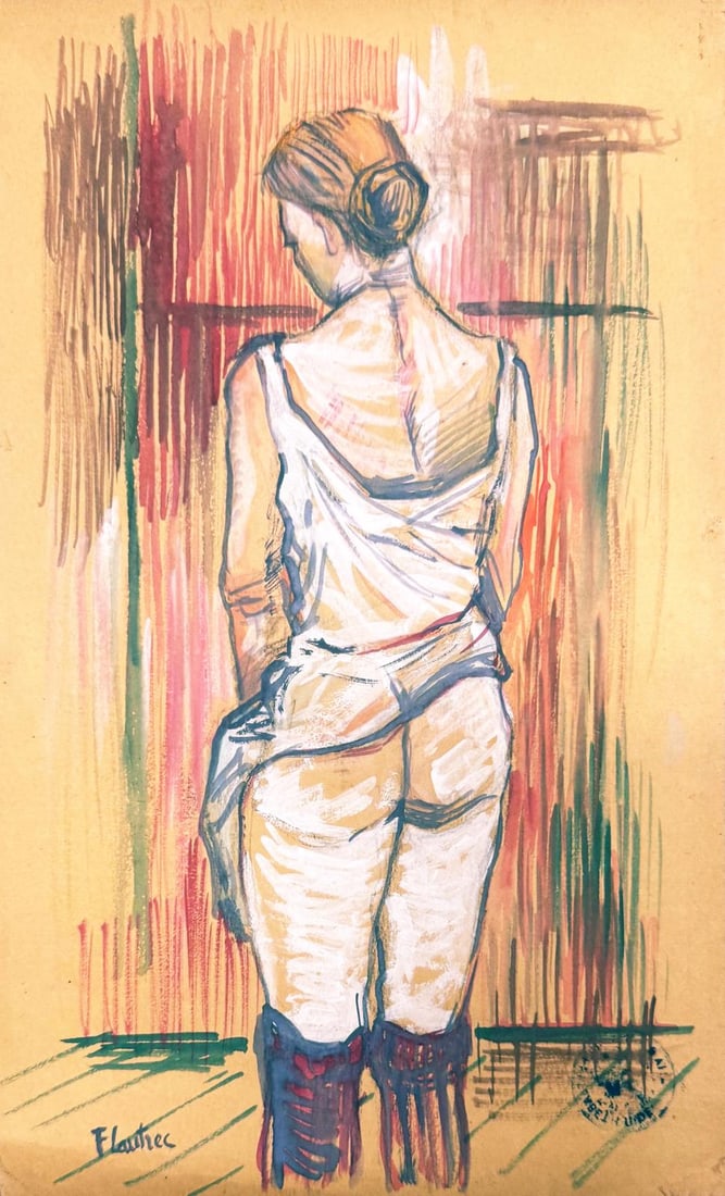 Henri de Toulouse-Lautrec, Mixed media on paper.: Henri de Toulouse-Lautrec (French, 1864–1901) Title: Untitled, Medium: Mixed media on paper, Size: 11 1/8 h x 7 w inches. This lot is accompanied by a COA (Certificate of Attribution) and is not a r