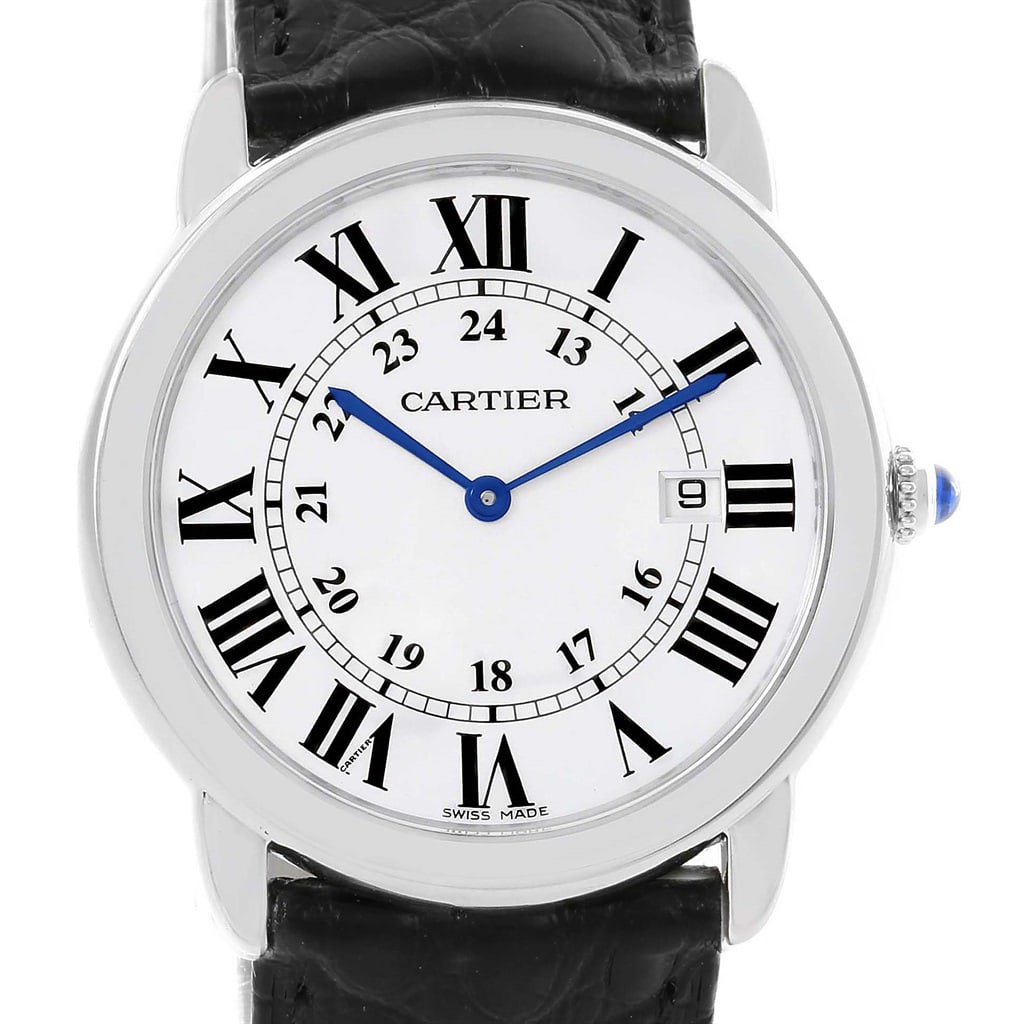 Cartier Ronde Solo Large Men 42 mm Men's.: Cartier Ronde Solo Large. Stainless steel case with a black alligator leather strap. Fixed stainless steel bezel. Silvered opaline dial with blued-steel hands and Roman numeral hour markers. Minute ma