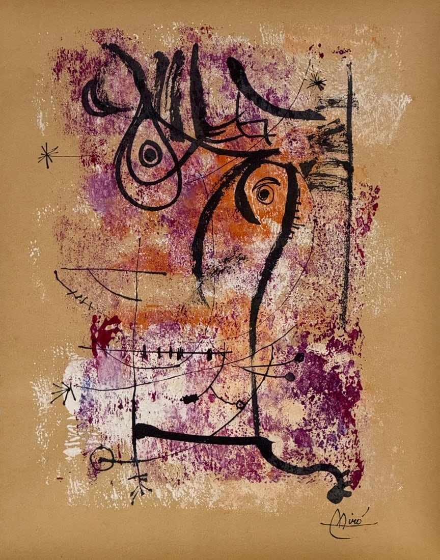 Joan Miro, Ink and oil on paper.: Joan Miro (1893-1993) Title: Untitled (Abstract composition), Medium: Ink and oil on paper, Size: 11.75" h x 9.75" inches, Date: circa 1975. This lot is accompanied by a COA (Certificate of Attributio