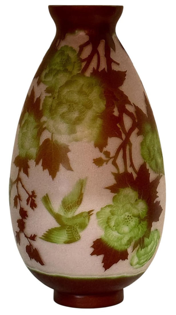 Beautiful Glass Vase with Flowers and Birds, Galle Style.: Beautiful Glass Vase with Flowers and Birds, Galle Style, Beautiful, Size: 14 7/8 h x 7 1/2 w inches.