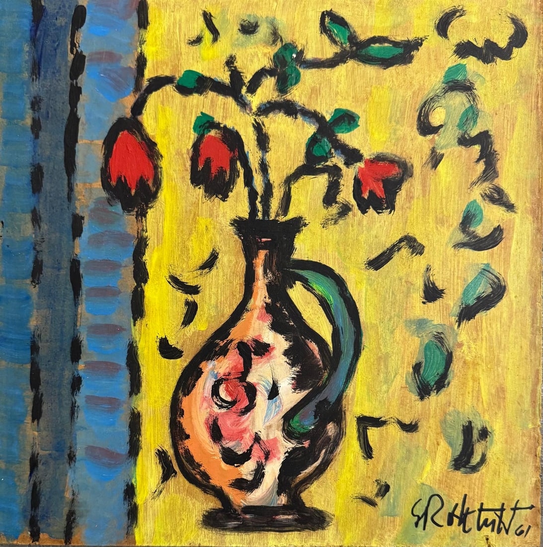 Karl Schmidt-Rottluff Mixed media on paper over cardboard.: Karl Schmidt-Rottluff (German, 1884–1976) Title: Untitled (Composition), Medium: Mixed media on paper over cardboard, Date: 1961, Size: 12 h x 12 w inches. This lot is accompanied by a COA (Certific