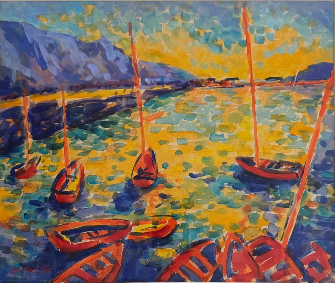 Henri Matisse, Watercolor on paper.: Henri Matisse (1869-1954) Title: Untitled (Landscape with boats), Medium: Watercolor on paper, Date: Undated, Size: 10.50" h x 12.50" w inches. This lot is accompanied by a COA (Certificate of Attribu