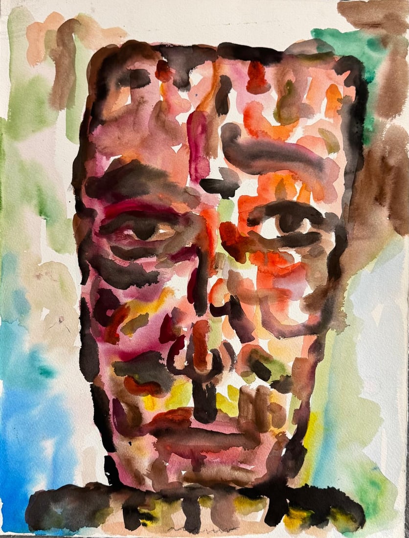 Marwan Kassab Bachi, Watercolor on paper.: Marwan Kassab Bachi (1934–2016) Title: Untitled (Abstract portrait), Medium: Watercolor on paper, Size: 18.50" h x 14" w inches, Date: 1997. This lot is accompanied by a COA (Certificate of Attribut