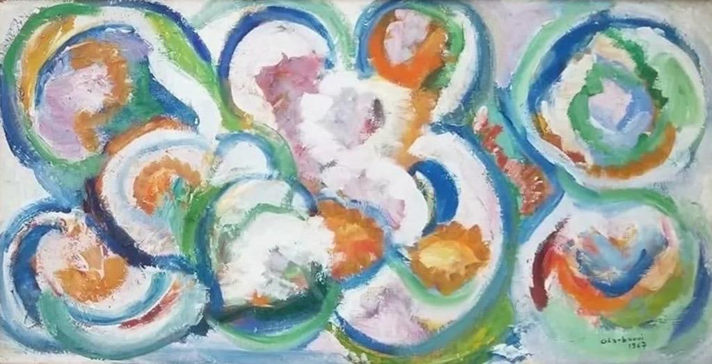 Jilali Gharbaoui, Oil on board.: Jilali Gharbaoui (1930–1971) Title: Untitled (Abstract composition), Medium: Oil on board, Size: 23" h x 12" w inches, Date: 1967. This lot is accompanied by a COA (Certificate of Attribution) and i