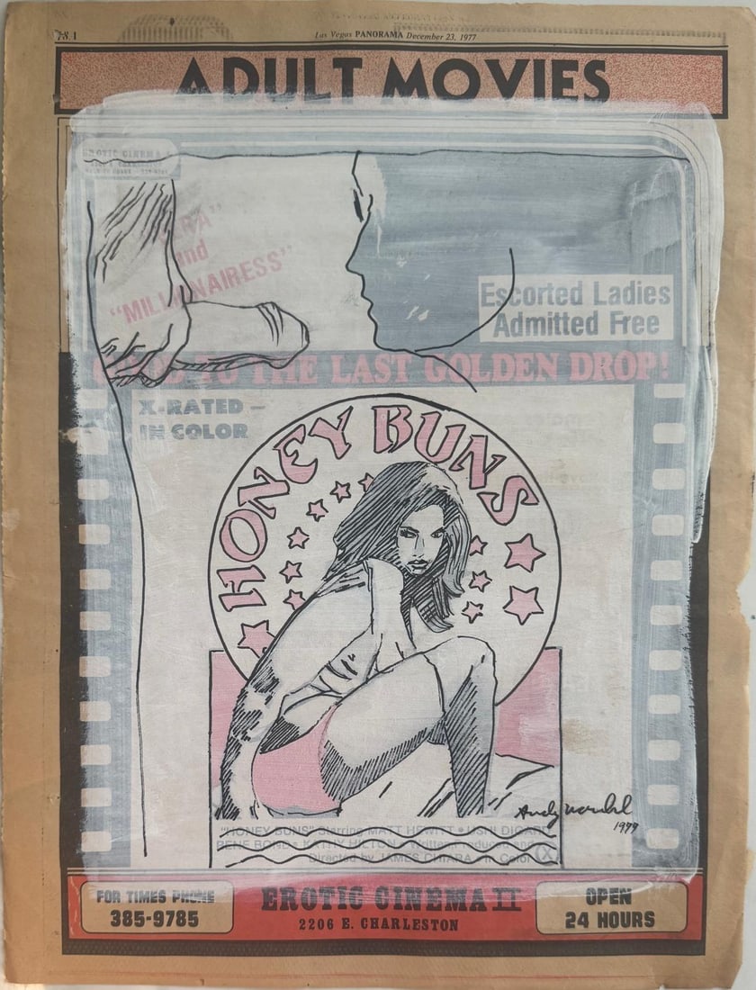 Andy Warhol, Mixed media on erotic news on paper.: Andy Warhol (1928-1987)) Title: Untitled (Composition), Medium: Mixed media on erotic news on paper, Size: 15" h x 11.50" w inches, Date: 1977. This lot is accompanied by a COA (Certificate of Attribu