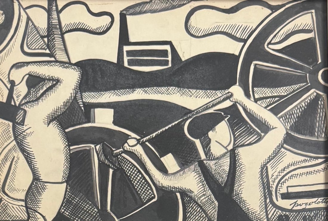 Marcelo Pogolotti, Watercolor and ink on paper.: Marcelo Pogolotti (Cuban, 1902–1988) Title: Untitled, Medium: Watercolor and ink on paper, Size: 10 h x 14 w inches. This lot is accompanied by a COA (Certificate of Attribution) and is not a reprod