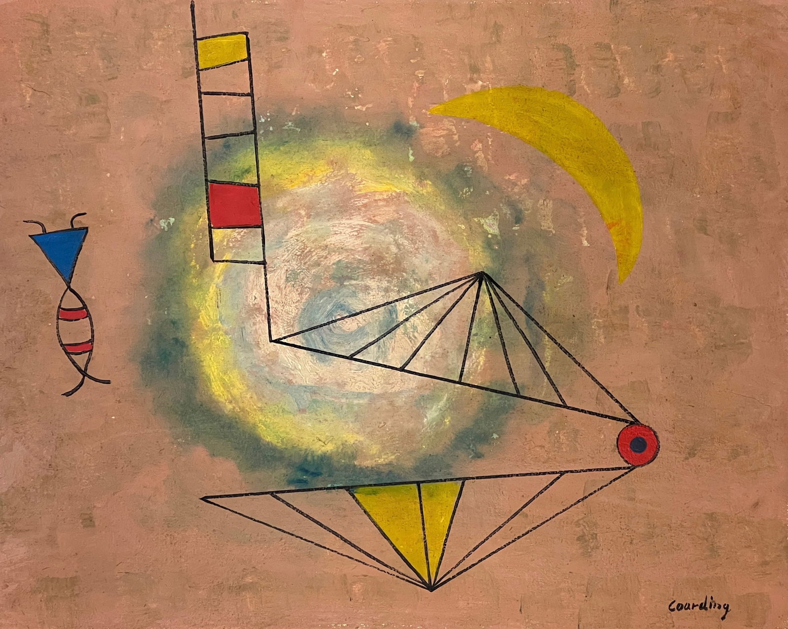 Gerald Coarding, Oil on board.: Gerald Coarding (1911-1986) Title: Untitled (Abstract Composition), Medium: Oil on board, Size: 22" H x 27.50" W inches, Date: ca. 1947. This lot is accompanied by a COA (Certificate of Attribution) a