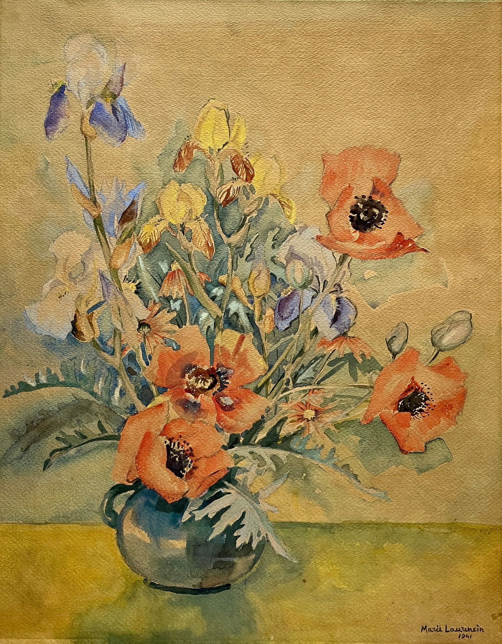 Marie Laurencin, Watercolor on paper.: Marie Laurencin (1883-1956) Title: Untitled (Flowers), Medium: Watercolor on paper, Date: ca. 1941, Size: 21.50" H x 18" W in. This lot is accompanied by a COA (Certificate of Attribution) and is not