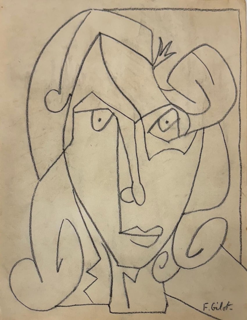Françoise Gilot, Crayon on paper.: Françoise Gilot (French, 1921–2023) Title: Untitled, Medium: Crayon on paper, Size: 14 h x 11 w inches. This lot is accompanied by a COA (Certificate of Attribution) and is not a reproduction, it i