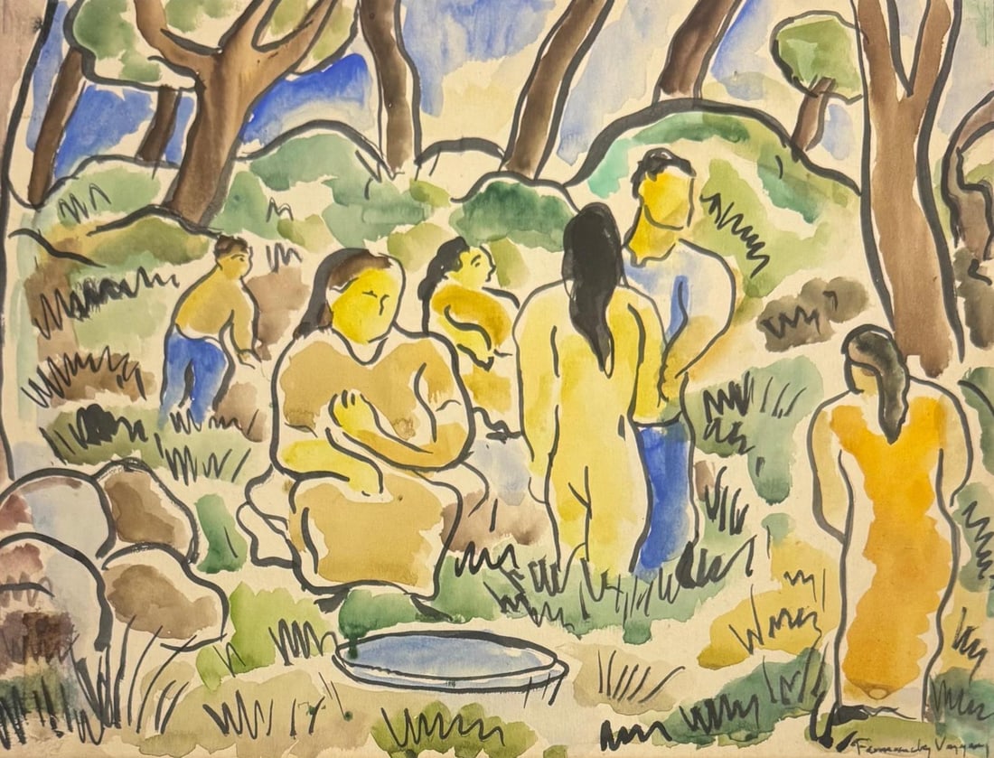 Aristides Fernandez, Watercolor on paper.: Aristides Fernandez (Cuban, 1904–1934) Title: Untitled, Medium: Watercolor on paper, Size: 10.5 h x 13.5 w inches. This lot is accompanied by a COA (Certificate of Attribution) and is not a reproduc