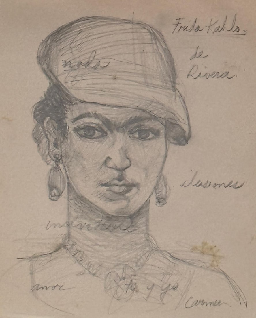 Frida Kahlo, Pencil on paper.: Frida Kahlo (1907-1954) Title: Autorretrato, Medium: Pencil on paper, Date: circa 1940, Size: 7.75 h x 6 w in (19.6 x 15 cm). COA by Mrs. Ruth Alvarado Rivera. Was a celebrated Mexican painter known f