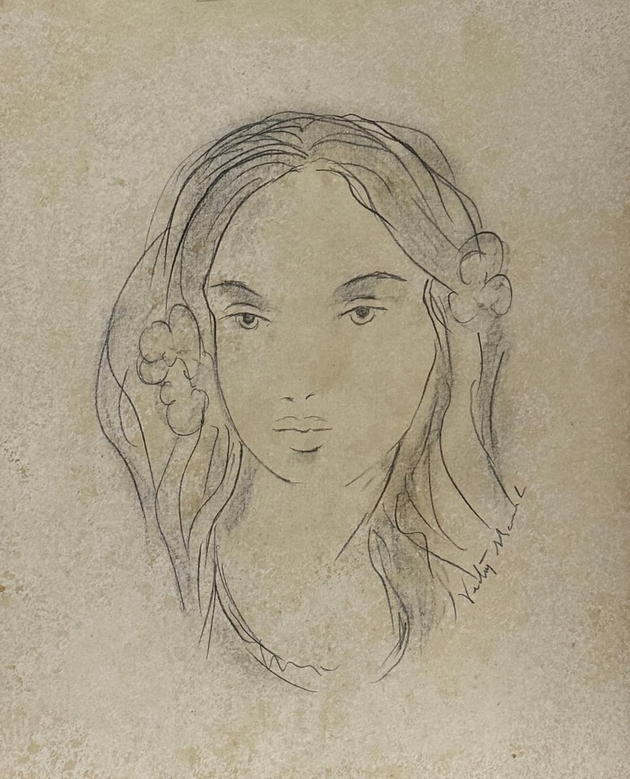 Victor Manuel, Charcoal and pencil on paper.: Victor Manuel (1897-1969) Title: Portrait of Girl, Medium: Charcoal and pencil on paper, Size: 20 h x 16 w in (50 h x 40 w cm), Date: circa 1955-60. This lot is accompanied by a COA (Certificate of Au