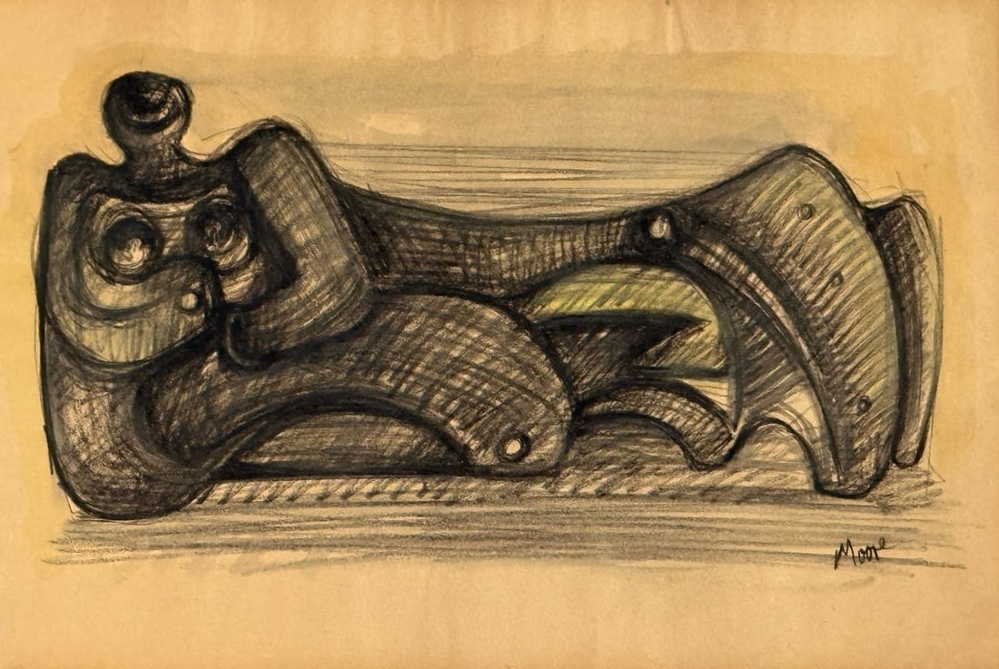 Henry Moore, Charcoal on paper.: Henry Moore (1898-1986) Title: Untitled (Sculpture sketch), Medium: Charcoal on paper, Date: circa 1970, Size: 12 h x 18 w inches. This lot is accompanied by a COA (Certificate of Attribution) and is