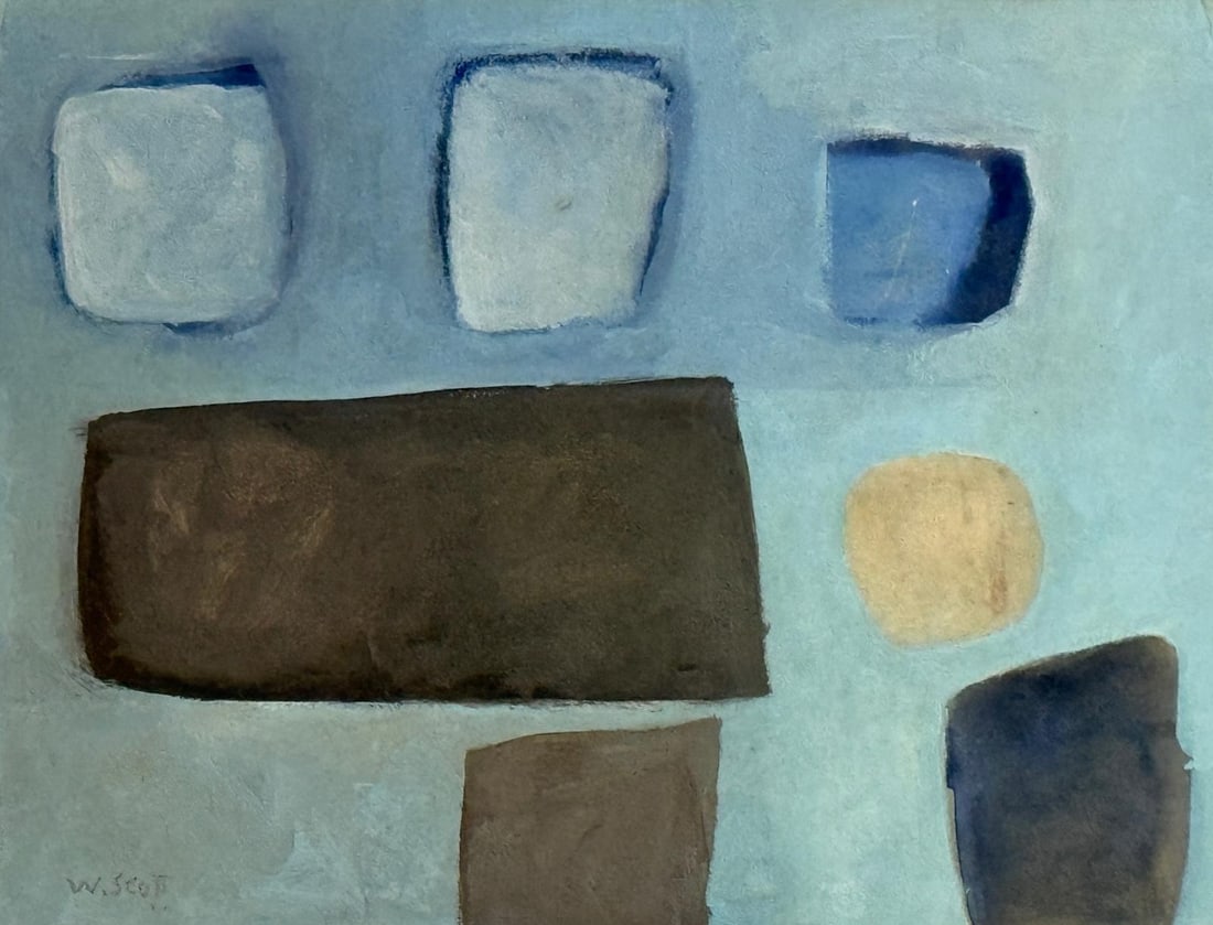 William Scott, Watercolor on paper.: William Scott (1913-1989) Title: Untitled (Abstract composition), Medium: Watercolor on paper, Size: 9.50 h x 12.50 w inches, Date:Undated. This lot is accompanied by a COA (Certificate of Attribution