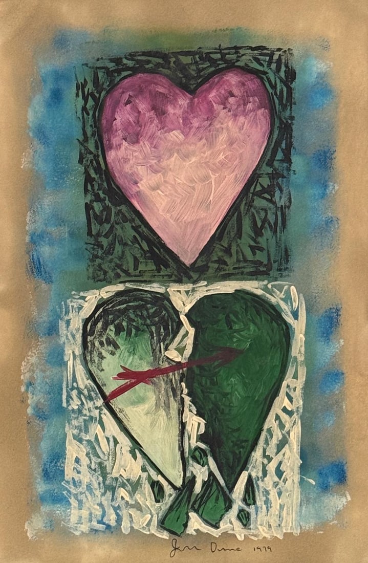 Jim Dine, Oil on cardboad: Jim Dine (American, Born in 1935) Title: Untitled (Two Hearts for the Moment), Medium: Oil on cardboard, Date: 1979, Size: 18 h x 12 w inches. This lot is accompanied by a COA (Certificate of Attribut