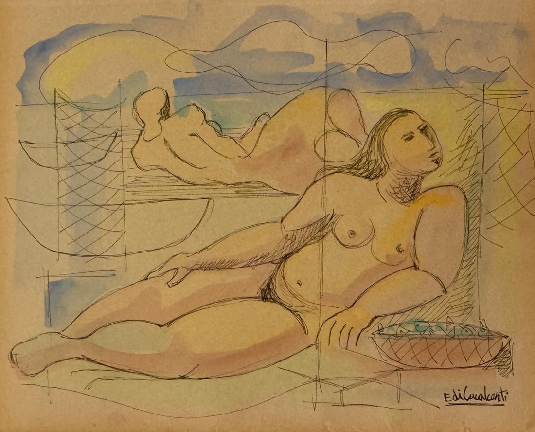 Emiliano Di Cavalcanti, Watercolor and ink on paper.: Emiliano Di Cavalcanti (1887-1976) Title: Untitled (Sketch), Medium: Watercolor and ink on paper, Date: ca. 1977, Size: 12 h x 14 w inches. This lot is accompanied by a COA (Certificate of Attribution