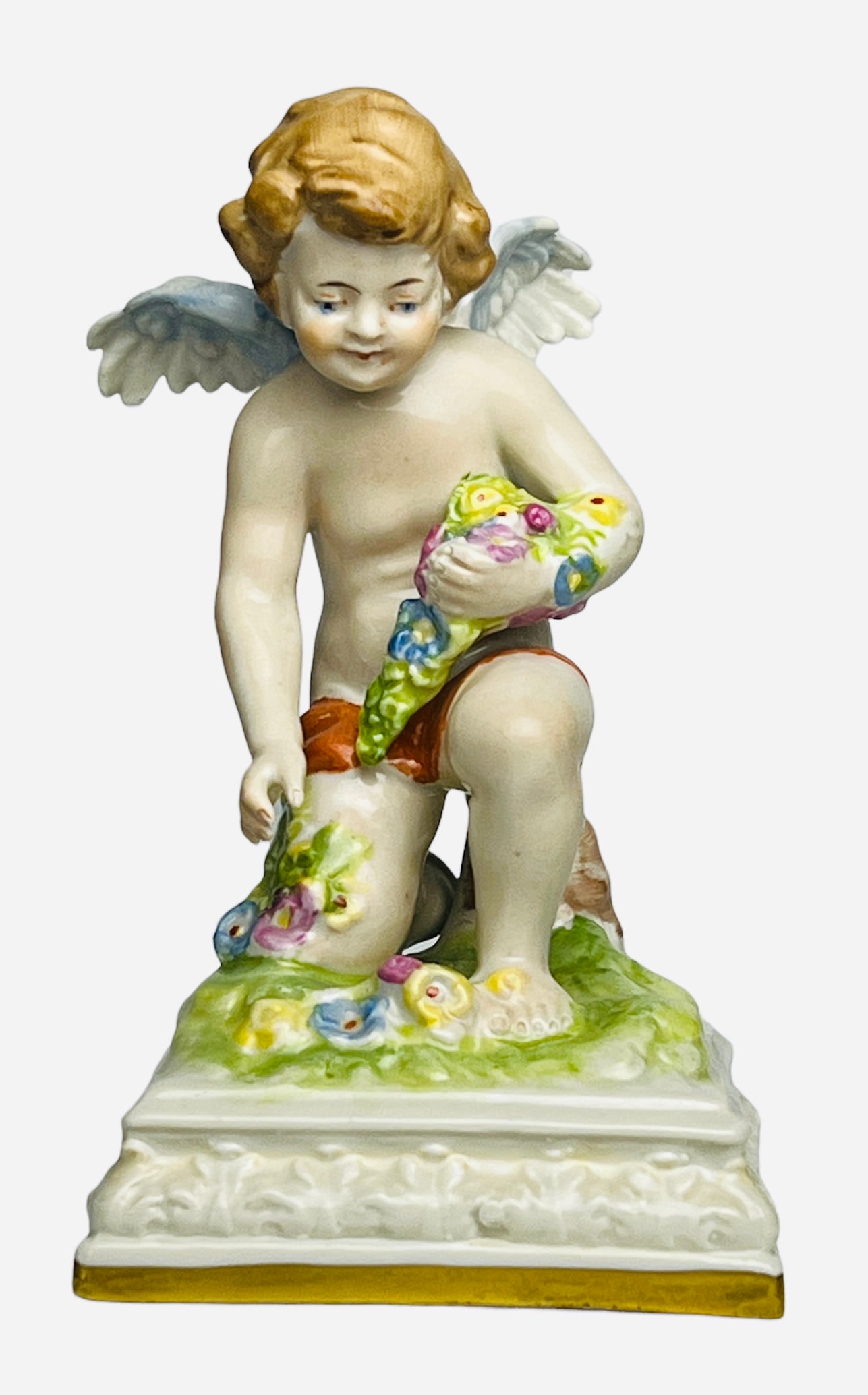 Vintage Porcelain Scheibe-Alsbach Germany Statue.: Vintage Scheibe-Alsbach porcelain statue from the mid-20th century, showing a cherub/angel/putti/cupid, gathering flowers. Made in the 1940's. Measures: 5" H x 3.25" W x 3.25" D (inches). Made in Germ