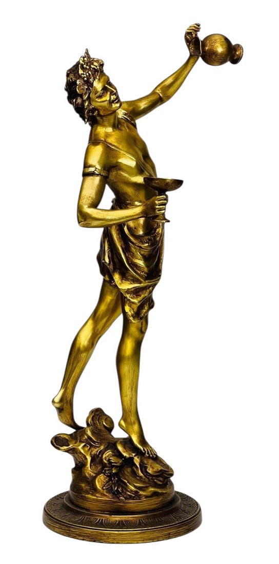 Vintage French Bronzed Sculpture by Louis Auguste Moreau Grecian Man, Dionysius.: Vintage French Bronzed Sculpture by Louis Auguste Moreau Grecian Man made in France - Dionysius. Golden. Signed L & F Moreau. Measurements: 24.50"h x 8"w x 9"d (in). The image shows a bronze statue of