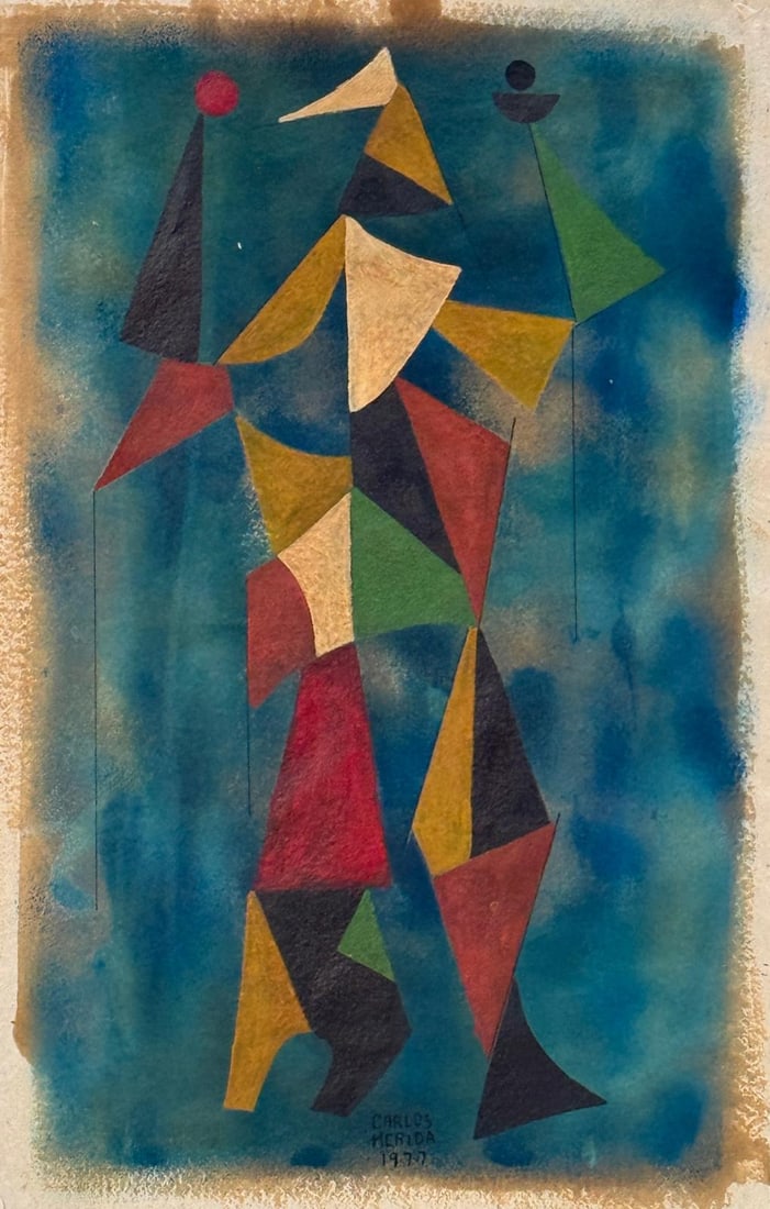 Carlos Merida, Oil on cardboard.: Carlos Merida (1891-1984) Title: Untitled (Abstract composition), Medium: Oil on cardboard, Date: 1977, Size: 18" h x 11.50" w inches. This lot is accompanied by a Certificate of Attribution and is no