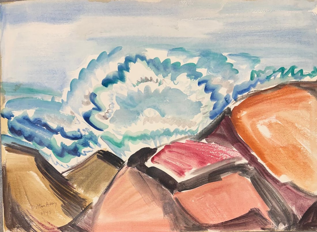Milton Avery, Mixed media on paper.: Milton Avery (1885–1965) Title: Untitled (Landscape), Medium: Mixed media on paper, Date: 1945, Size: 22 h x 30 w inches. This lot is accompanied by a Certificate of Attribution and is not a reprodu