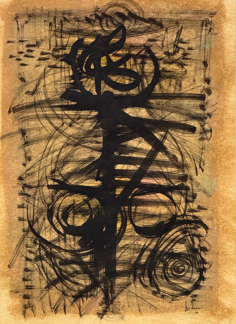 Georges Mathieu, Oil on cardboard.: Georges Mathieu (1921-2012) Title: Untitled (Abstract composition), Oil on cardboard, Date: 1966, Size: 15" h x 11" w inches. This lot is accompanied by a Certificate of Attribution and is not a repro