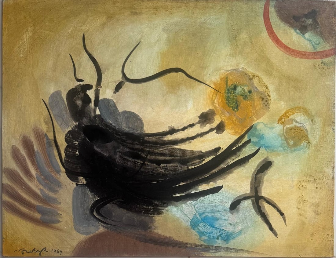 Abidin Elderoglu,Oil on canvas board.: Abidin Elderoglu (1901-1975) Title: Untitled {Abstract composition} , Midium: Oil on canvas board, Size: 14 h x 18 w inches, Date: 1969.This lot is accompanied by a Certificate of Attribution and is n
