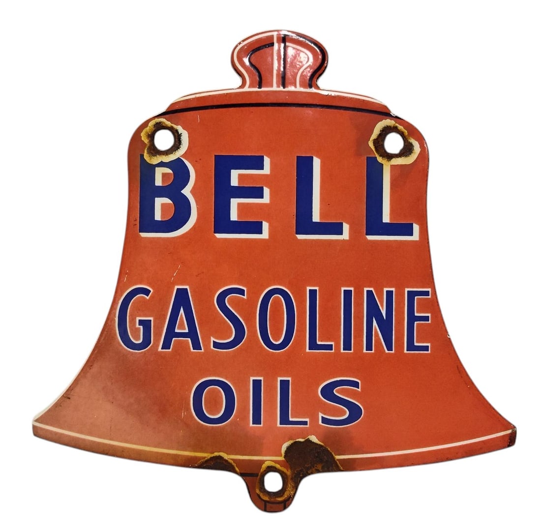 Porcelain Bell Gasoline Oils Advertising Sign / Pump Plate.: Porcelain Advertising. Measures approx 6 inches x 6 inches. Please examine photos. We are unsure of age, selling as is. Recently out of a local private collection.
