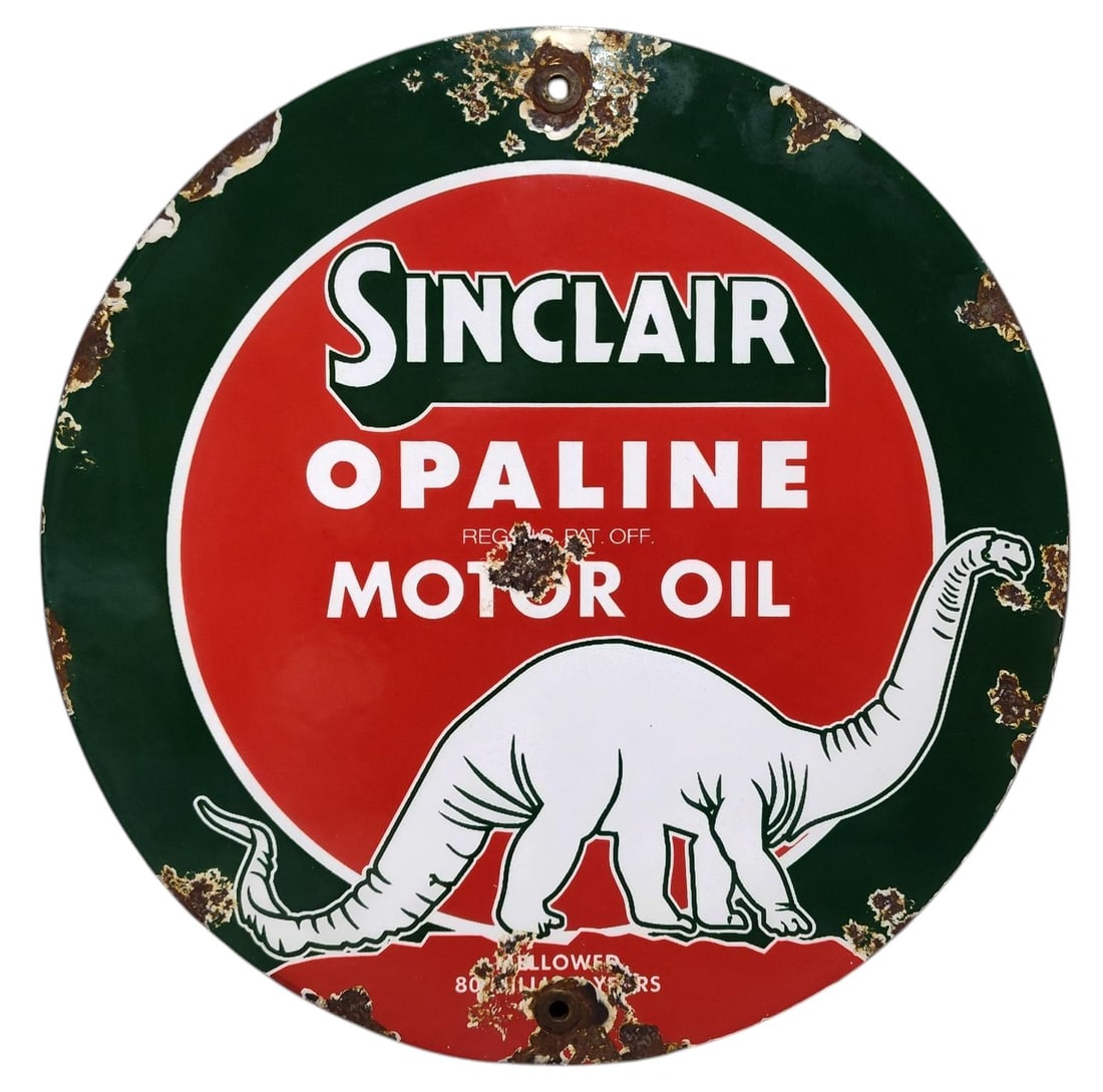 Round Porcelain Sinclair Opaline Motor Oil Motor Oil Advertising Sign / Pump Plate.: Porcelain Advertising. Measures approx 8 3/4 inches in diameter. Please examine photos. We are unsure of age, selling as is. Recently out of a local private collection.