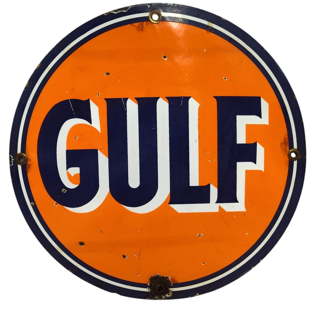 Round Porcelain Gulf Advertising Sign / Pump Plate.: Porcelain Advertising. Measures approx 11 3/4 inches in diameter. Please examine photos. We are unsure of age, selling as is. Recently out of a local private collection.
