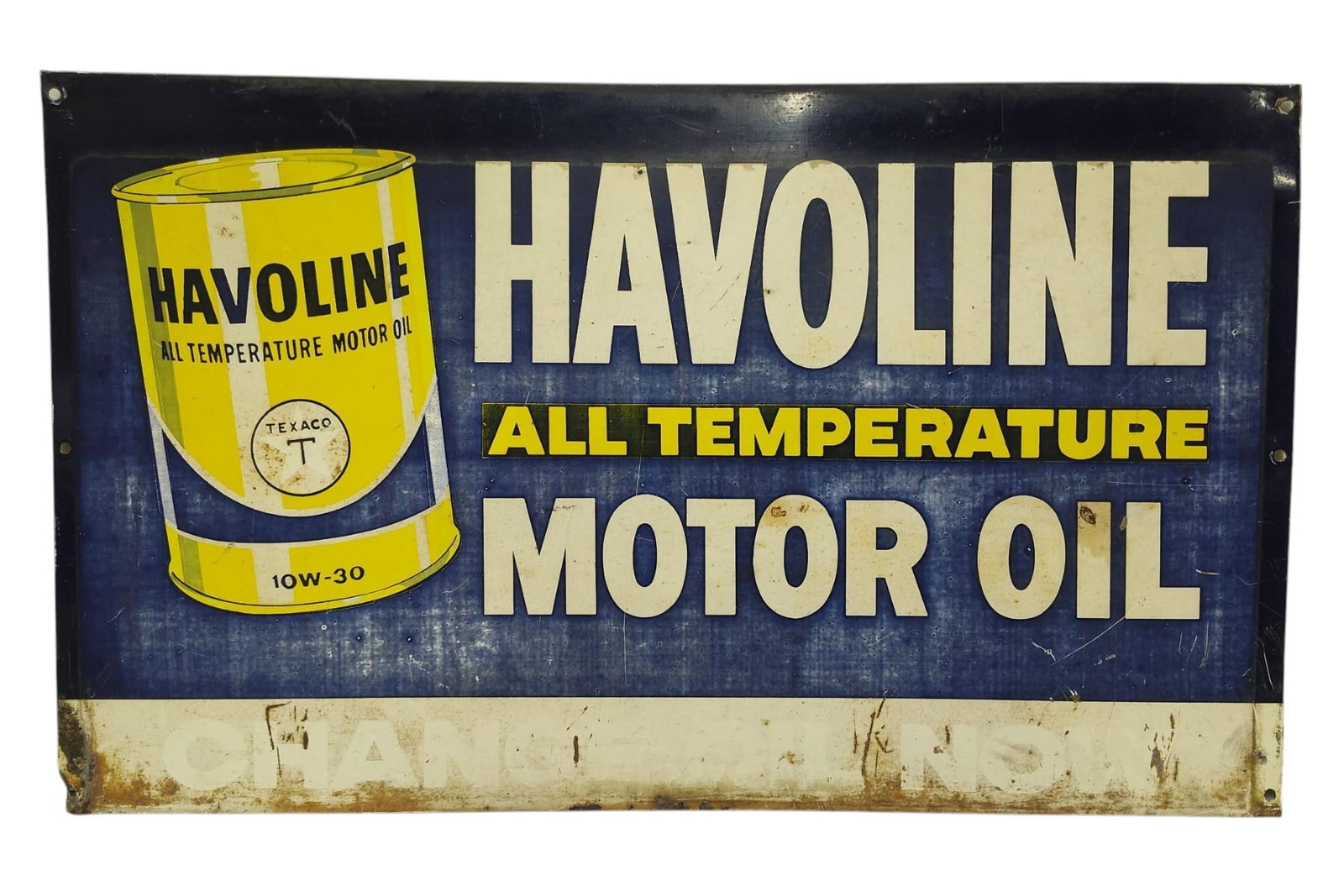 Tin Havoline All Temperature Motor Oil Advertising Sign.: Tin Havoline All Temperature Motor Oil Advertising Sign. Measures approx 10 1/2 inches x 17 inches. Please examine photos. We are unsure of age, selling as is. Recently out of a local private collecti