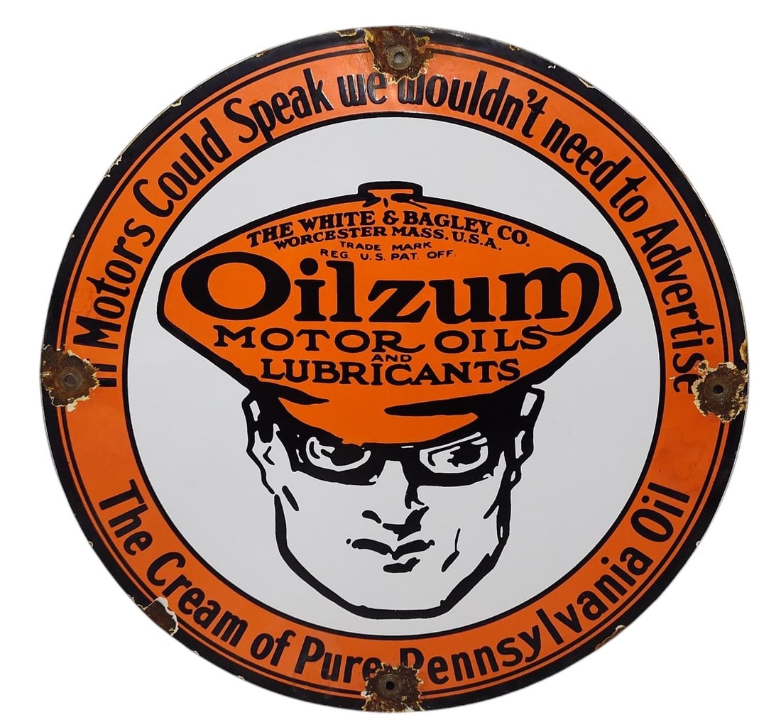 Round Porcelain Oilzum Advertising Sign / Pump Plate.: Porcelain Advertising. Measures approx 11 3/4 inches in diameter. Please examine photos. We are unsure of age, selling as is. Recently out of a local private collection.