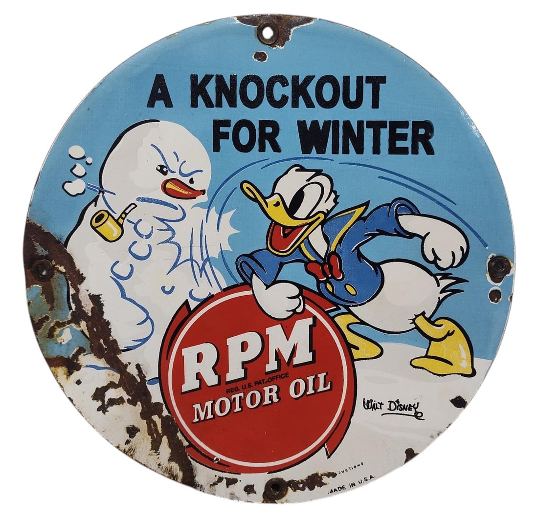 Round Porcelain RPM Motor Oil Advertising Sign / Pump Plate.: RPM Motor Oil & Disney Porcelain Advertising. Measures approx 9 inches in diameter. Please examine photos. We are unsure of age, selling as is. Recently out of a local private collection.